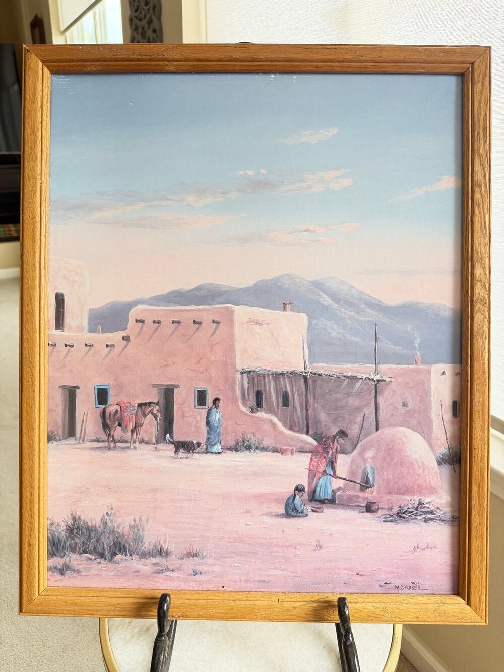 Vintage M. Cardwell Southwestern Pueblo Art Print Framed Signed 22x17.75